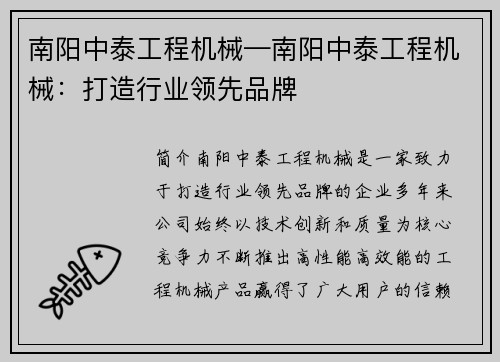 南阳中泰工程机械—南阳中泰工程机械：打造行业领先品牌