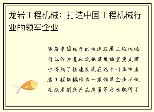 龙岩工程机械：打造中国工程机械行业的领军企业